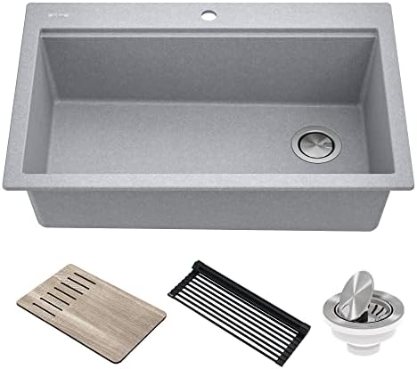 KRAUS Bellucci Workstation 33 in. Drop In Single Bowl Granite Kitchen Sink in Metallic Gray with Accessories, KGTW2-33MGR by Unknown