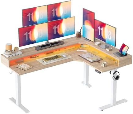 TIQLAB 63'' L-Shaped Standing Desk with LED Light Strip and Power Outlet, Height Adjustable Corner Table with Ergonomic Monitor Stand, Light Walnut by TIQLAB