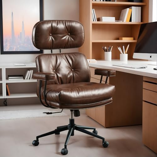 High Back Executive Office Chair with Comfortable Deep Seat,Brown PU Leather Modern Office Chair,Ergonomic Big and Tall Computer Desk Chair with Lumbar Support(Dark Brown) by Eco-ChicLivingBeautifullyAffordable