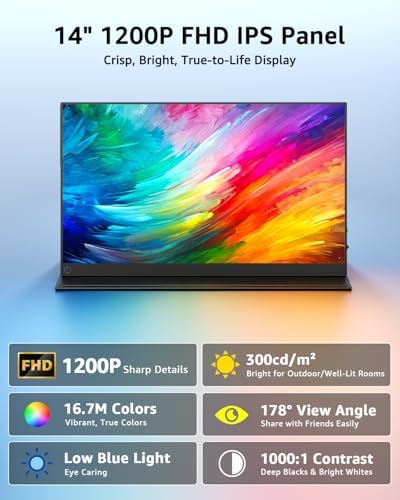 Yodoit Portable Monitor for Laptop 1920×1200 14" FHD Travel IPS Screen Display with USB Type C Port and Built-in Speakers with Cover Compatible with PC, MacBook, Xbox - Image 4