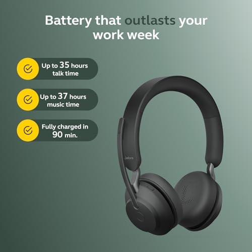 Jabra Evolve2 65 Bluetooth Wireless Headset with Mic for Calls and Music, Dual-Ear Headphones with USB-A Adapter, Up to 37 Hours Battery, Noise-Cancelling, Works with Online Meeting Apps, Black (193) - Image 6