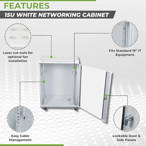 NavePoint 15U Network Cabinet with Glass Door – 15U Wall Mount Server Cabinet White 19” Rack for IT Equipment, AV Devices, Networking Equipment –21.5” Deep Server Rack Enclosure w/Wheels - Image 2