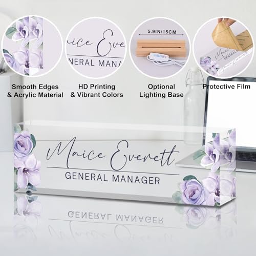 Personalized Name Plate for Desk Custom Desk Name Plate Acrylic Office Desk Accessories Decor for Women Teacher Nurse Boss Employee Appreciation Gifts for Mother Purple Floral Name Plates - Image 5