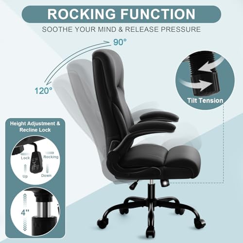 Executive Office Chair,High Back Ergonomic Comfy Desk Chair with Padded Flip-up Armrests and Wheels,PU Leather Heavy Duty Computer Swivel Rolling Task Chair for Home Office,Adults,Black - Image 4