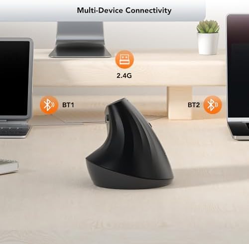 KYSONA EM18 Wireless Ergonomic Vertical Mouse, Ergo Design, Bluetooth Cordless Mouse for Medium/Large Hands, Silent Click, 5-Level Adjustable DPI, Carpal Tunnel Mice for Computer/PC/Mac/Laptop, Black - Image 5
