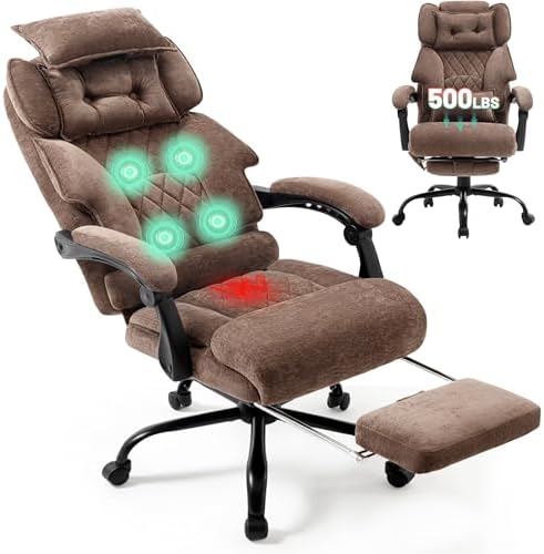 Office Chair with Foot Rest,3D Kneading Massage & Heat Executive Office Chairs for Heavy People,500LBS Big and Tall Office Chair,Ergonomic Reclining Desk Chair,Dual-Use Pillow,Home Office,BrownCloth by Unknown