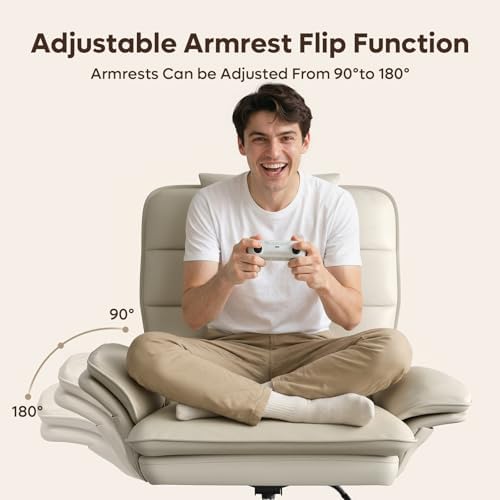 Bestier Cross Legged Office Chair with Headrest PU Leather Beige - Image 3