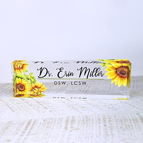 Artblox Office Desk Name Plate Personalized | Custom Name Plates for Desks | Sunflowers Design On Clear Acrylic Glass | Office Desk Decor - (8" x 2.5") - Image 2