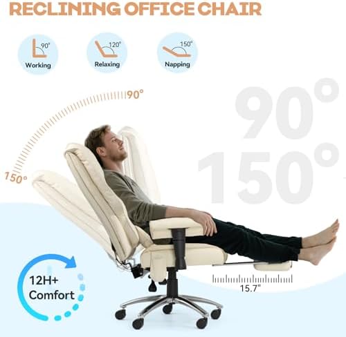 Vibration Massage Heated Office Desk Chair with Foot Rest, Beige - Image 6