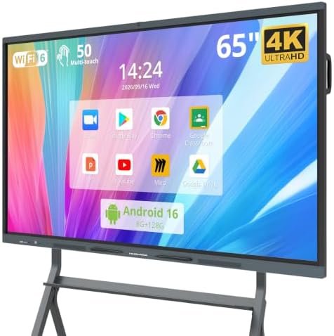 65″ Smart Board, 4K UHD Interactive Whiteboard with Android 16 System and 48MP Camera, All in One Digital Whiteboard for Home, Classroom and Business (Wall Mount Included) by HUSHIDA