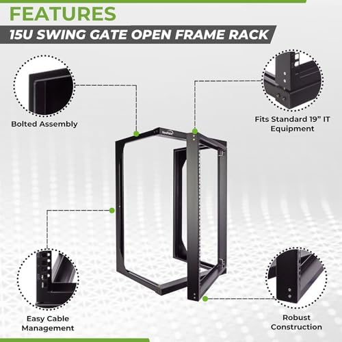 NavePoint 15U Open Frame Server Rack for 19" IT Network Equipment & A/V Devices, Free Standing or Wall Mount Rack with 180 Degrees Gate Swing, Black - Image 2