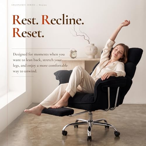 Dowinx Big and Tall Office Chair, Ergonomic Desk Chair with Thick Cushion, Wide Seat & Armrests Computer Gaming Chair,High Back Reclining Teddy Fleece Criss Cross Chair with Foot Rest, Black - Image 5