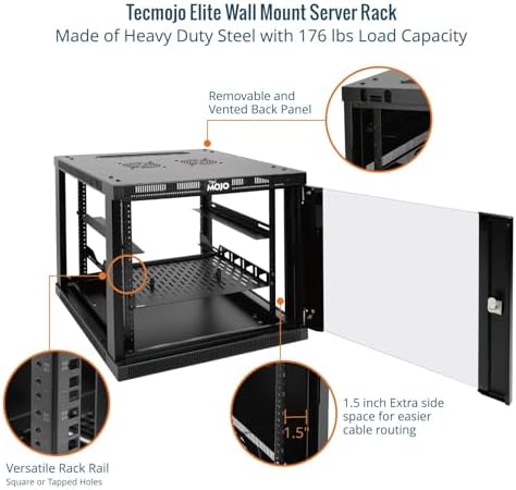 Tecmojo 9U Wall Mount Rack Cabinet, Heavy-Duty 176 Lbs High Load Capacity, 19” Enclosed Server Network Rack with Glass Door, 17.7” Deep – Elite Collection - Image 5