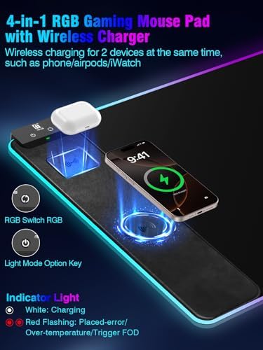 Mouse Pad with Magnetic Wireless Charging, Large Desk Pad Protector, RGB Black Desk Mat with 15W Fast Charger, Non-Slip Waterproof Mousepad for Office Home Gaming - Image 2