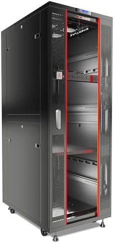 Sysracks 42U Server Rack Cabinet – 32" Deep Network Rack Enclosure on Wheels – Glass Door, 4 Cooling Fans, Temperature Controller, Shelf, 8-Way PDU – 19" IT & AV Equipment Rack by SYSRACKS
