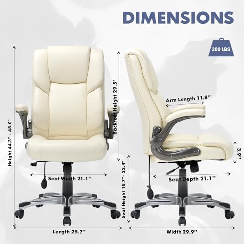 COLAMY Leather Executive Office Chair- High Back Home Computer Desk Chair with Padded Flip-up Arms, Adjustable Tilt Lock, Swivel Rolling Ergonomic Chair for Adult Working Study-Lvory, Set of 2 - Image 3