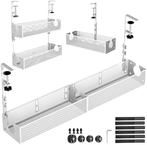 Multi-Model Under Desk Cable Management Tray 2 Packs Metal Under Desk Wire Management Clamp Mount Under Table Cord Management No Damage The Desk (White) by SRJZMLY