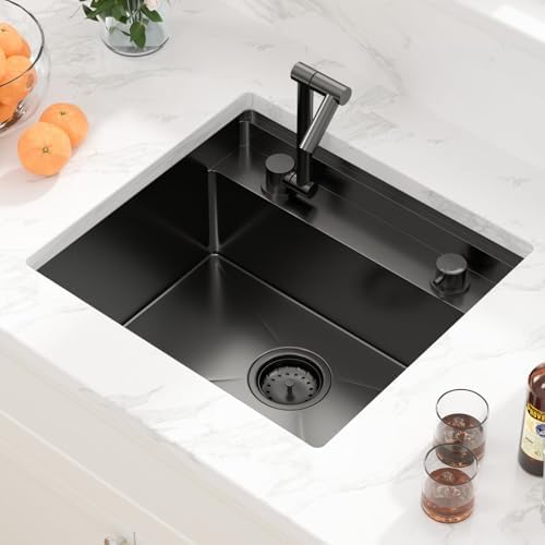 Sarlai Black Undermount Bar Sink With Foldable Faucet - 21x19 Inch Outdoor Black Kitchen Sink RV Workstation 16 Gauge Stainless Steel Single Bowl Handmade Outdoor BBQ Sinks with Lid - Image 3