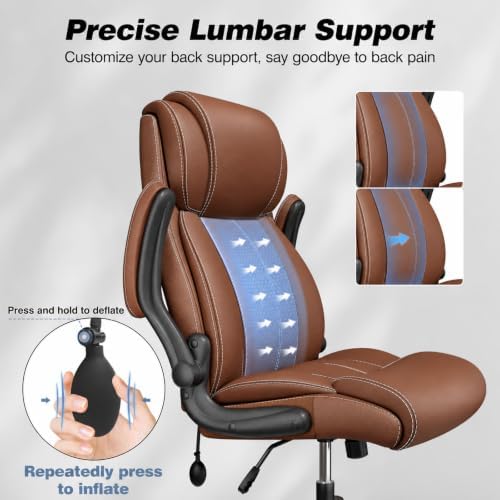 BESTFAIR High Back Leather Office Chair with Air Lumbar, Flip Arms, Brown - Image 4