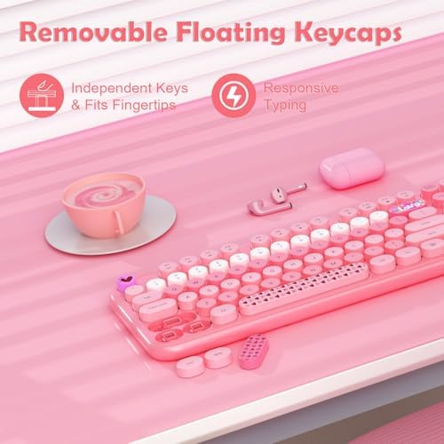 Wireless Keyboard and Mouse,MOFII 104 Round Keys Lovely Full-Size Cute Colorful Keyboard and Mouse with Retro Typewriter for PC/Mac/Laptop/Tablet/Computer/Windows Pink - Image 5