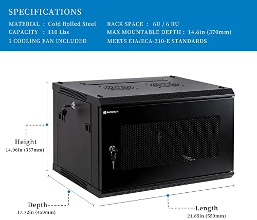 RackPath 6U Wall Mount Server Cabinet Network Rack Enclosure, Quiet Cooling Fan, Perforated Door, Black - Image 2