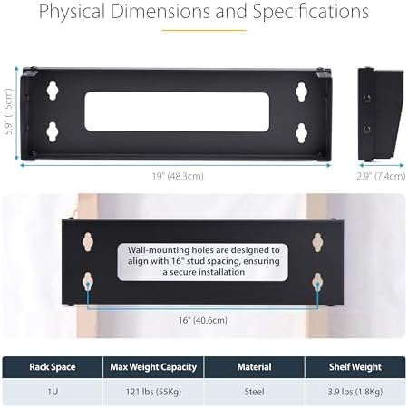 StarTech 1U Vertical Wall-Mount Bracket, 19in, 121lb (RK119WALLV-N) - Image 4