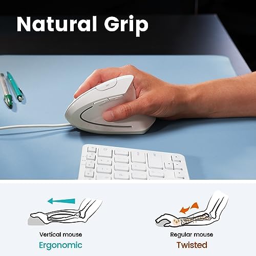 Perixx PERIMICE-513W Wired Ergonomic USB Mouse - 6 Buttons with 1000/1600 DPI - Vertical Right-Handed Design - White (Pack of 2) - Image 3
