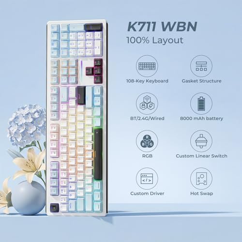 Redragon K771 Wireless Mechanical Keyboard, 108-Key Gaming Keyboard with 4 Extra Hotkeys, 5-Layer Noise Dampening, Pre-lubed Linear Switches, Hot-swap Custom RGB Keyboard for PC/Mac - Blue&White - Image 2
