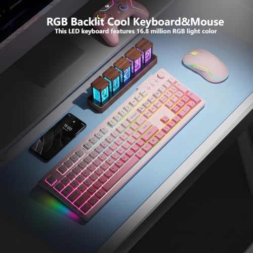 Wireless Keyboard and Mouse Combo, RGB Backlit Rechargeable 2000 mAh Battery, Tri-Mode Bluetooth/2.4GHz/USB-C Custom Creamy Keyboard, RGB Backlit Media Knob (Pink Gradient) - Image 5