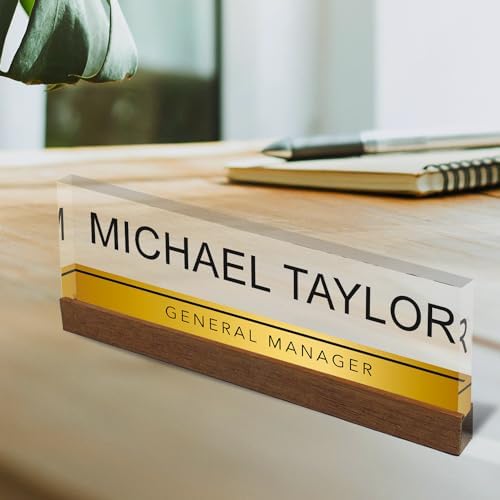 Artblox Personalized Office Desk Name Plate with Business Card Holder | Clear Acrylic Glass with Teak Wood Stand | Gold Stripe Design Customized with Your Name and Credentials Office Desk Décor - Image 2