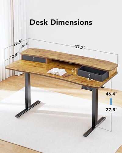 HUANUO 48″ x 24″ Electric Standing Desk with 2 Drawers, C-Clamp Mount Compatible, Height Adjustable Computer Desk, Home Office Stand Up Desk with 4 Preset Heights & 2 Hooks, Vintage Brown - Image 2