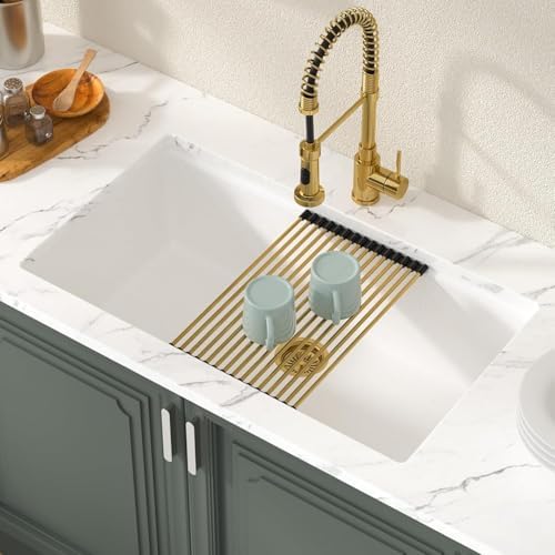 Lordear 30 Inch White Kitchen Sink Granite Composite Undermount Kitchen Sink Workstation 30x19 White Quartz Sinks Under Counter Single Bowl with Classic Gold Accessories - Image 4