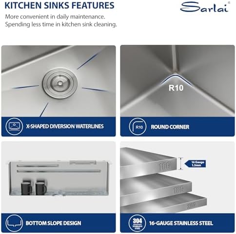Sarlai 33 Waterfall Kitchen Sink 33"x22" Drop In Workstation Sink Topmount - Image 5