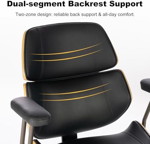 Mid Century Walnut Bentwood PU Leather Office Chair with Arms, Black - Image 5