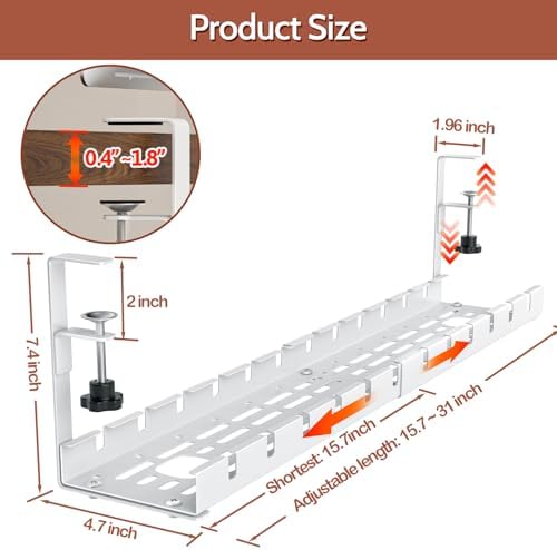 Shikha Cable Management Under Desk, 15.7"-31" Retractable Cable Management Tray, No Drilling Cord Organizer with Clamp for Desk, Under Table Wire Management Tray for Home Office -White - Image 4