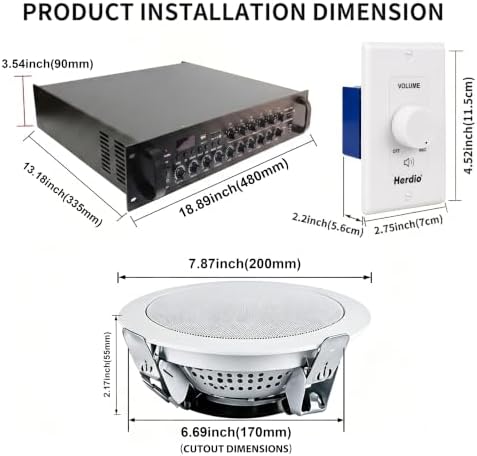 Herdio 180W 70V Commercial Bluetooth Amplifier System with 8-Pack 6 Inch Ceiling Speakers, USB/SD/Optical/Mic Inputs, 15W/7.5W/3W Adjustable Taps for Restaurant Bar Cafe Office - Image 6