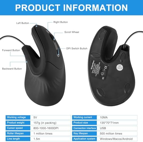 HXMJ- Ergonomic Vertical Mouse Wired,USB Corded Optical Mice,Silent Click,Right Handed-Black - Image 7