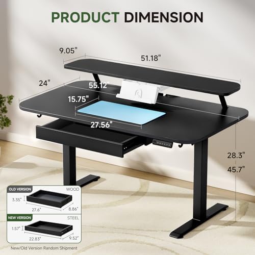 GTPLAYER Electric Standing Desk with Drawers, 55 x 24 Inches Height Adjustable Computer Desk with Monitor Stand, Laptop Stand, Sit Stand up Desk with Memory Preset for Home, Office, Black - Image 2