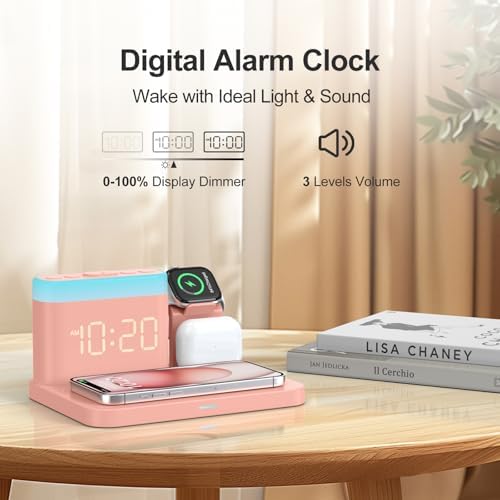 ANJANK 5 in 1 Wireless Charging Station with Alarm Clock,7 Night Light & 0-100% Dimmer,Qi Mag-Safe Charger Stand for Apple Devices - for iPhone 17 16 15 14 13 12 Pro Max Plus Air,Apple Watch,Airpods - Image 5