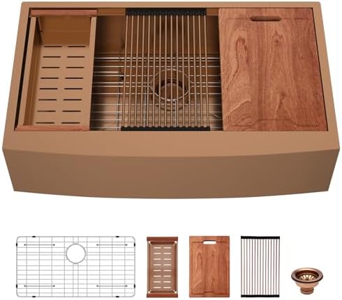 Lordear 36x21Inch Copper Tone Farmhouse Kitchen Sink Workstation SUS304 16-Gauge Stainless Steel Farmhouse Sink Apron Fron Farm Style Undermount Sinks, 36"x21"x10" by LORDEAR