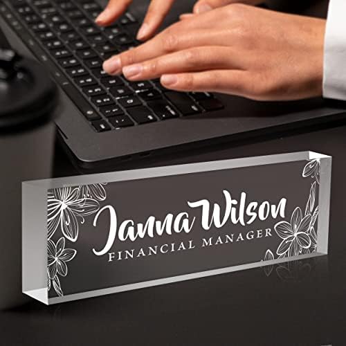 Personalized Desk Name Plate, Custom Acrylic Glass Name Plates for Desks, Office Desk Decor Nameplate, Desk Accessories, Teacher Boss Coworkers Employee Appreciation Gift (Engraved Flower 2) - Image 2