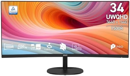 msi PRO MP341CQ E12 34-inch VA 3440 x 1440(UWQHD) Computer Monitor, 120Hz, Adaptive-Sync, HDMI, DisplayPort, VESA Mountable, Speaker, 1ms, Black by Unknown