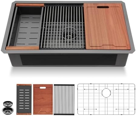 Lordear 33x19 Inch Black Kitchen Sink Undermount Honeycomb Nano Finish 16 Gauge T304 Stainless Steel Single Bowl Workstation Sink with Cutting Boards Handmade by LORDEAR