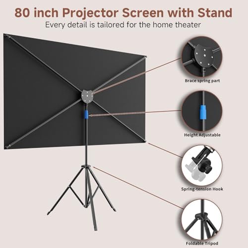 Projector Screen with Stand, 80 Inch Portable Projector Screen Outdoor Indoor, 1.5 Gain ALR Projection Screen, Anti Light, 4K Ultra HD 16:9 Outdoor Movie PVC Screen for Movie Night (Grey Screen) - Image 6