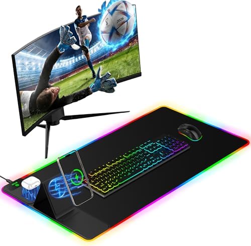 Mouse Pad with Wireless Charger Foldable Phone Holder, XXL RGB Gaming Mousepad 31.5"x15.8" Large Desk Mat for Keyboard, Black Desk Pad with Dual Qi Charging Station, 11 Colors 5 Modes by miroddi
