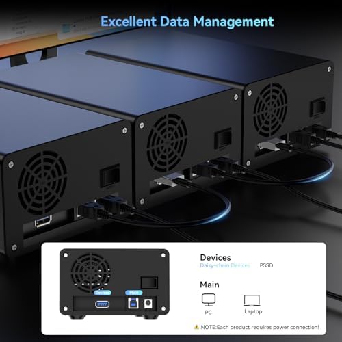 CENMATE Aluminum 2 Bay Hard Drive Enclosure with Cooling Fan for 2.5“/3.5" SATA HDD/SSD with USB A/C 3.0, Support Hot Swappable, Tool-Free HDD Enclosure, DAS(NO RAID/NAS) - Image 6
