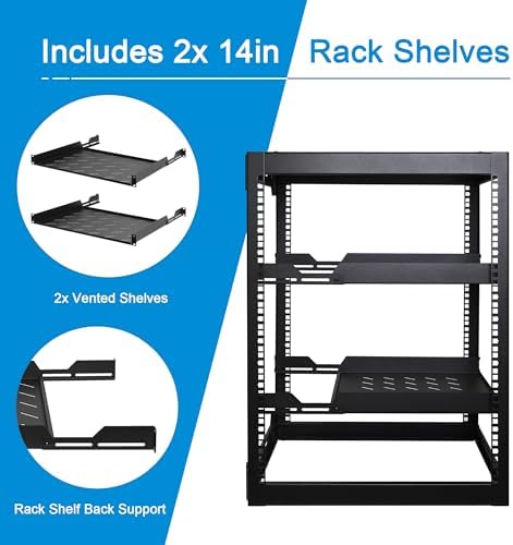 RackPath 16U Open Frame Network Rack with 2X 14in Vented 1U Shelves Rear Support, Wall Mount/Floor Standing Network Cabinet, Heavy Duty 150 lbs Capacity for IT & AV Gear, Audio and Video Device - Image 3