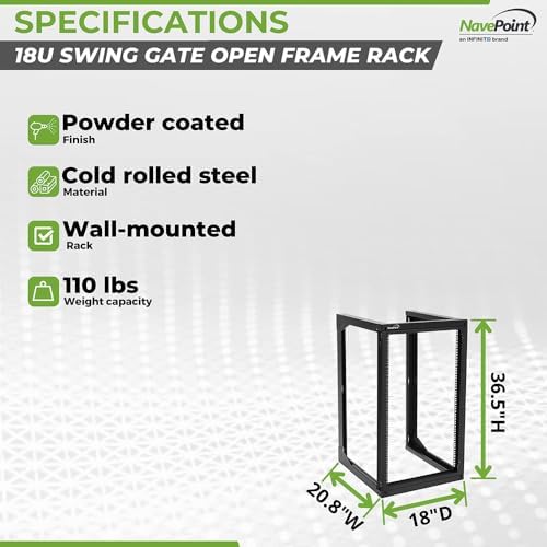 NavePoint 18U Server Rack with Swing Gate - Wall Mount Rack for 19 Inch IT Equipment Open Frame Rack – Network Rack Wall Mount for AV & Server Equipment 18” Deep Rack, Black - Image 4