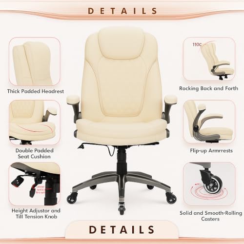 COLAMY Ergonomic High Back Office Chair, Ivory Bonded Leather Executive Desk Chair with Flip-up Arms, Thick Cushion, Silent Nylon Wheels, Adjustable Height & Rocking Function, 300lbs Capacity - Image 4