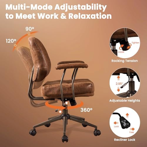 Brown Leather Home Office Chair, Mid Back Ergonomic Desk Chair with Lumbar Support, Mid Century Modern Deep Seat Swivel Rocking Computer Chair, Dark Brown Suede - Image 5